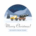 Happy New Year and Merry Christmas. Yellow tractor with a trailer and with fir tree. Night winter landscape. Royalty Free Stock Photo