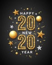 2020 Happy New Year message gold and white design with star on black background Royalty Free Stock Photo