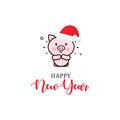 Happy New Year minimal greeting vector card. Cute pig with red santa hat vector illustration. Royalty Free Stock Photo