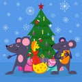 Happy new year mouse animal design, vector illustration. Holiday gift near cartoon tree, 2020 christmas card background.