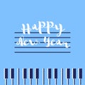 Happy new year, musical greeting card for piano on a blue background, vector Royalty Free Stock Photo