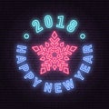 Happy New Year 2018 neon emblem with snowflake. Vector illustration.