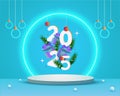 Happy New Year neon light and pedestal podium 3d background design with 2025 typography vector illustration Royalty Free Stock Photo