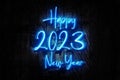 Happy New Year 2023 Neon Sign on a Dark Wooden Wall 3D illustration