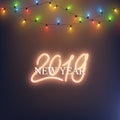 Happy New Year 2019 neon text design led lamp shine wreath, vector illustration