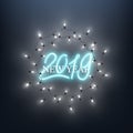 Happy New Year 2019 neon text design led lamp shine wreath, vector illustration