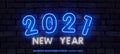2021 Happy New Year Neon Text. 2021 New Year Design template for Seasonal Flyers and Greetings Card or Christmas themed Royalty Free Stock Photo