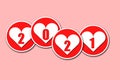 Happy New Year 2021. New year, new you, start, goals. Conceptual motivational message written with red numbers on white hearts