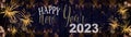 HAPPY NEW YEAR 2023, New Year`s Eve - Festive silvester firework background panorama greeting card  banner long - Golden firework Royalty Free Stock Photo