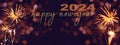 HAPPY NEW YEAR 2024 / New Year`s Eve Holiday Event Party Firework - Festive silvester background panorama banner long - Golden Royalty Free Stock Photo
