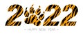 Happy New Year 2022. New yearÃ¢â¬â¢s greeting symbol decorated with tiger skin pattern. Vector illustration isolated