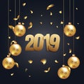 Happy New Year 2019 - New Year Shining background with gold christmass ball and glitter confetti. Vector winter holiday greeting Royalty Free Stock Photo