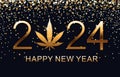 Happy New Year 2024. New Year Shining background with marijuana leaf