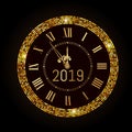 Happy New Year 2019 - New Year Shining luxury premium background with gold clock and glitter confetti decoration. Time twelve o\' Royalty Free Stock Photo