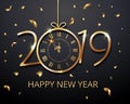 Happy New Year 2019 - New Year Shining luxury premium background with gold clock and glitter confetti decoration. Time twelve o\' Royalty Free Stock Photo