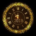 Happy New Year 2019 - New Year Shining luxury premium background with gold clock and glitter decoration. Time twelve o\'clock. Royalty Free Stock Photo
