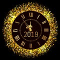 Happy New Year 2019 - New Year Shining luxury premium background with gold clock and glitter decoration. Time twelve o`clock. Royalty Free Stock Photo