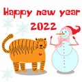 Happy new year 2022 new year tiger symbol of the year, snowflakes and snowman. Isolated cartoon elements. Congratulatory vector