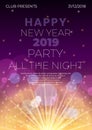 Happy 2019 New Year night flyer banner concept with glowing stars,light flashes,highlight circles,firework flare