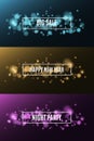 Happy New Year. Night party. Great sale. Background of multicolored lights. Glare bokeh. White, rectangular banners Royalty Free Stock Photo