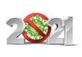 Happy New Year 2021 number with coronavirus COVID-19 epidemic stop sign.