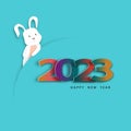 Happy new year 2023 Number and Cute Rabbit paper cut text on blue background.Design 2023 colour trends for greeting card wishes, Royalty Free Stock Photo