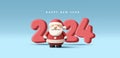 Happy New Year 2024 Number with 3d render Santa instead of zero, modern realistic greeting, postcard or banner