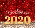 Happy new year 2020 year number 3d rendering at sparkling gold and red glitter studio background ,Holiday Greeting card.copy