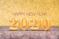 Happy new year 2020 year number 3d rendering at sparkling golden and red copper glitter floor studio background ,Holiday