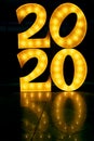 Happy New Year 2020. Number 2020 lights on the floor. Beautiful overlay template for New Year greeting card.