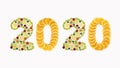 Happy New Year 2020. Number 2020 made of tropical and exotic fruits. Fresh fruits and berries composed in 2020 inscription. Creati