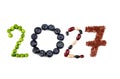 Happy New Year 2027 number made of fruits and vegetable on white