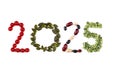 Happy New Year 2025 number made of fruits and vegetable on white