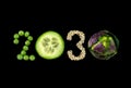 Happy New Year 2030 number made with vegetable on wooden blackgrond