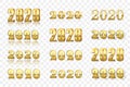 Happy New Year number set. Gold 3D number 2020 isolated white transparent background. Bright golden design greeting card