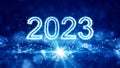 Happy New Year. The number 2023 stands out in the center of the image on a dark blue background with interconnected polygons,