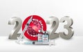 Happy New Year 2023 number with Stop Covid-19 Symbol with syringe and bottl Royalty Free Stock Photo