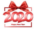 2020 happy new year number text in box frame with red ribbon bow isolated on white background