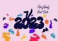 Happy New Year 2023, Number zero with bunny ears. Cute wildlife animal cartoon drawing. Kids vector illustration isolated on pink