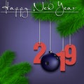 Bowling ball and 2019 on a Christmas tree branch Royalty Free Stock Photo