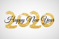 Happy New Year 2020. Numbers of golden glitters with black calligraphy. Grunge brush. Golden confetti. Vector illustration