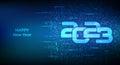 Happy New 2023 Year. Numbers 2023 made with binary code. Digital binary data and streaming digital code background. Matrix Royalty Free Stock Photo