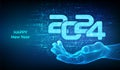 Happy New 2024 Year. Numbers 2024 made with binary code in wireframe hand. Digital binary data and streaming digital code Royalty Free Stock Photo