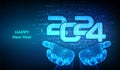 Happy New 2024 Year. Numbers 2024 made with binary code in wireframe hands. Digital binary data and streaming digital code Royalty Free Stock Photo