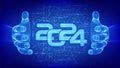 Happy New 2024 Year. Numbers 2024 made with binary code in wireframe hands. Digital binary data and streaming digital code Royalty Free Stock Photo