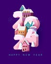 Happy New year 2024. Old winter cityscape with big pink numbers.