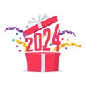 Happy New Year 2024. Open gift with serpentine confetti and flying numbers 2024.