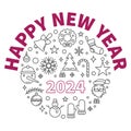 Happy New Year 2024 outline Banner - vector december holidays illustration