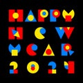 Happy New Year 2024 over black. Trendy font in retro Bauhaus design style. Artistic geometric printing type drawing in blue, red