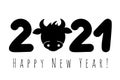 Happy New Year. 2021. New 2021 year of the Ox. with the silhouette of the head of a young bull. Vector illustration for congratula